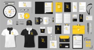 Various marketing materials in consistent brand colors and styles