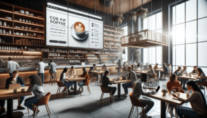 Fictional small business local coffee shop with customers on devices