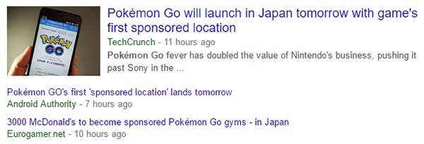 Google News results for Pokemon Go sponsored locations