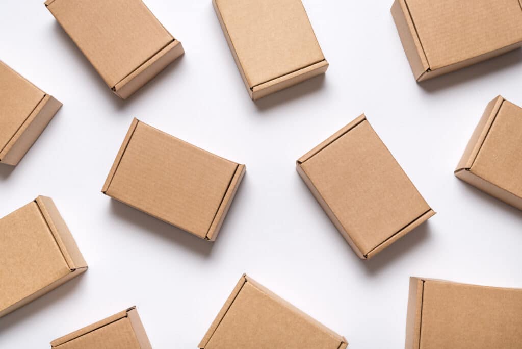 Lot of cardboard boxes on white background