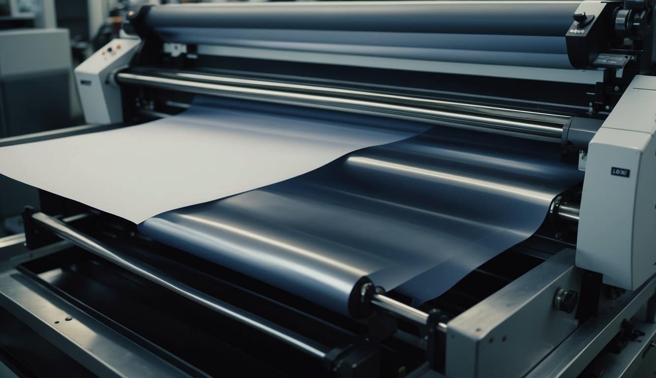 A printing press rolls ink onto metal plates, transferring images onto paper sheets in a precise and synchronized process