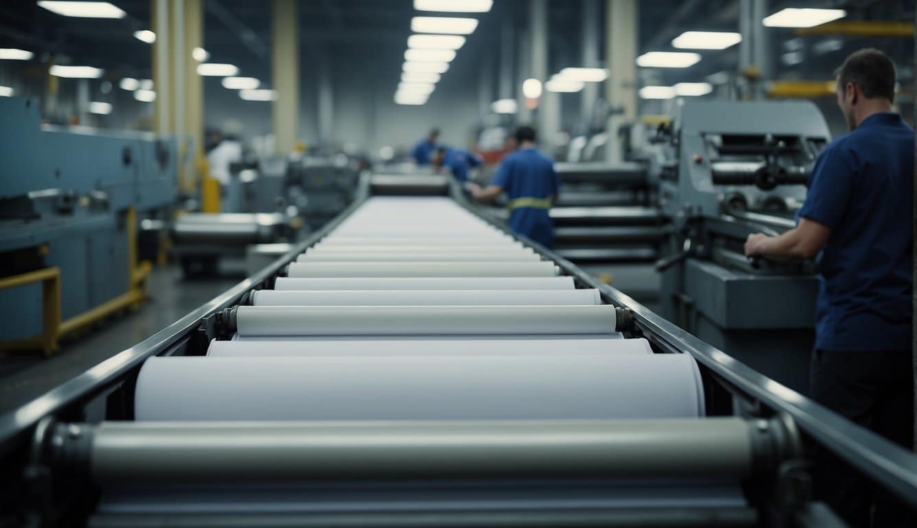 A printing press in a factory, with workers operating large offset printing machines. Piles of paper and ink drums are stacked nearby, while conveyor belts transport finished products