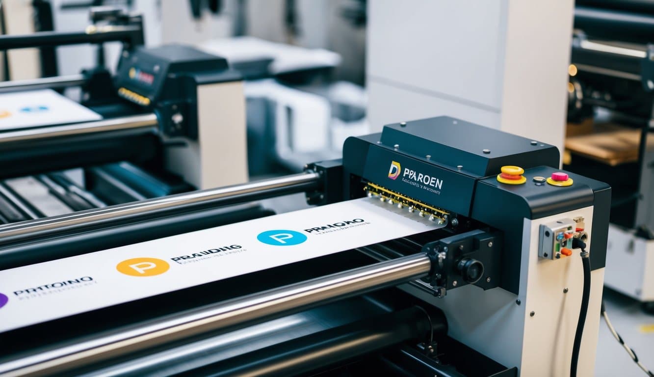 A sleek, modern printing press in action, producing high-quality branded materials. The logo and colors are vibrant and precise, reflecting professionalism and attention to detail