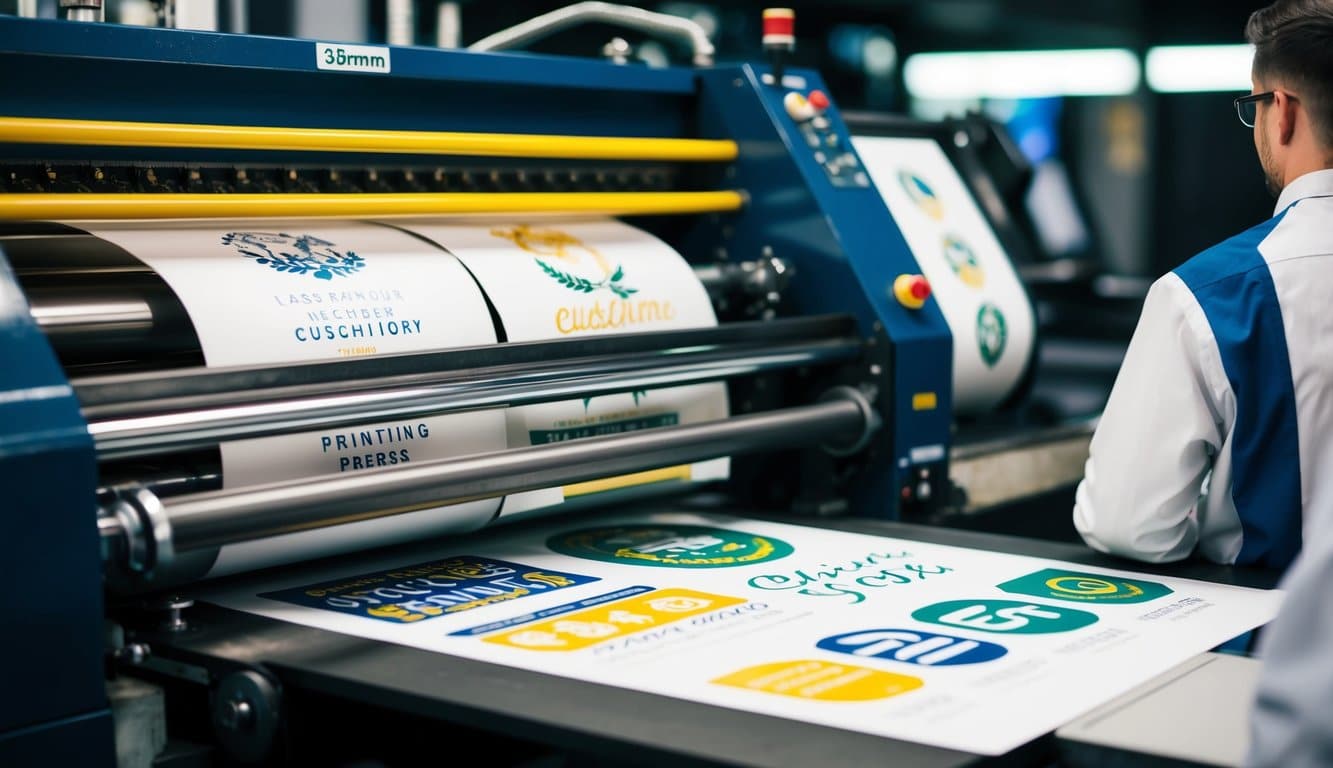 A printing press with various custom designs being printed onto paper, while a technician monitors the process
