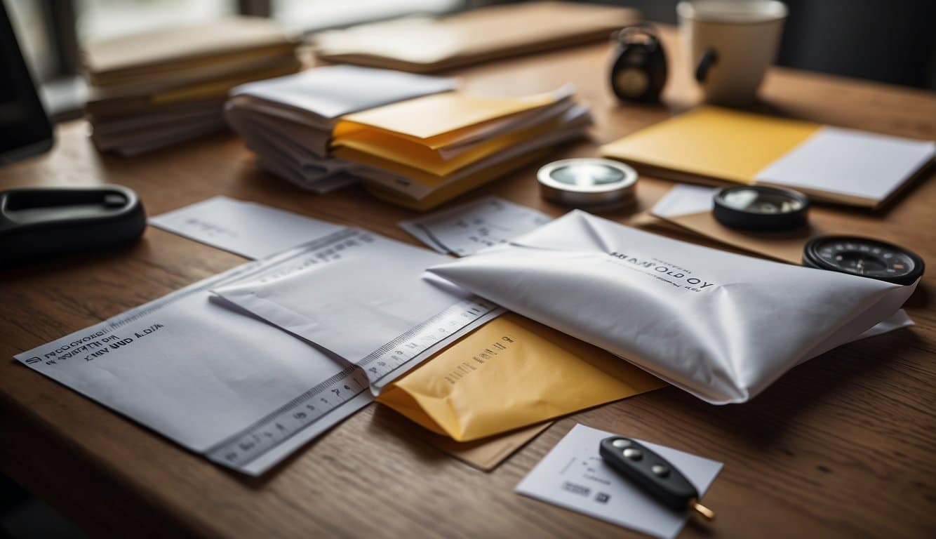 Various envelope sizes scattered on a desk, with a ruler and measuring tape nearby for reference