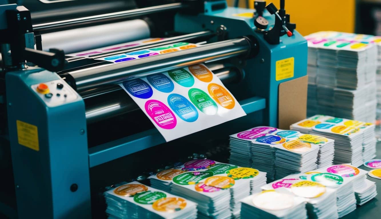 A printing press producing custom stickers with vibrant colors and precise details, surrounded by stacks of finished stickers ready for packaging